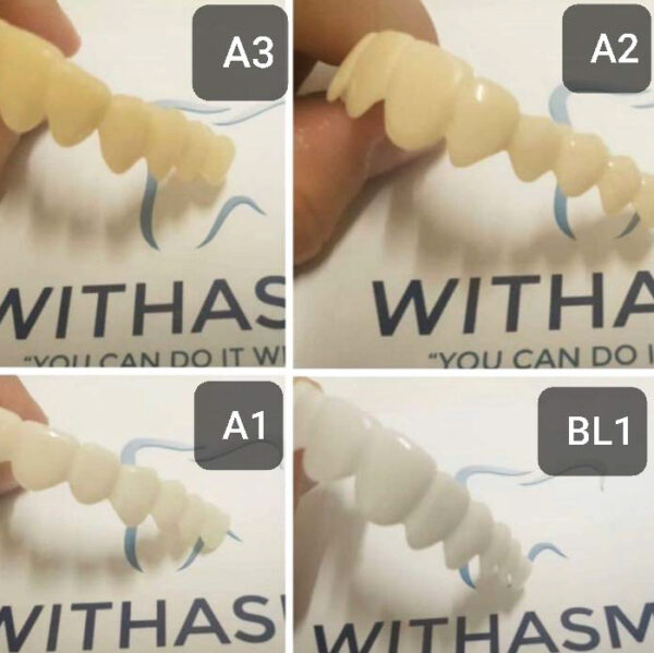 4 sets of dental veneer teeth, showing the available shades of white